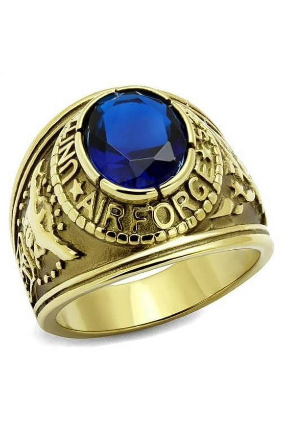 Men's Gold IP Stainless Steel Wide Band Air Force Sapphire CZ Ring - Size 13