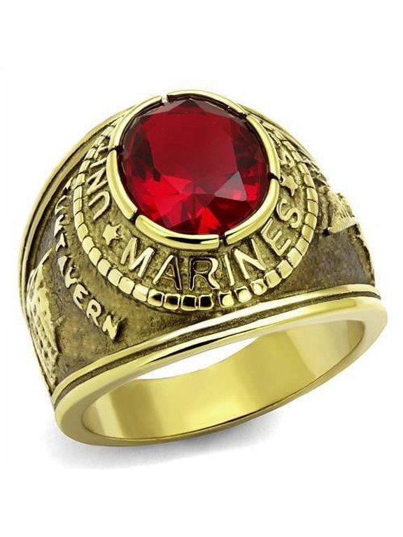 Men's Gold IP Stainless Steel Wide Band US Military MC Ruby CZ Ring - Size 8