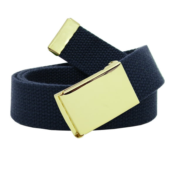 Men's Gold Military Flip Top Belt Buckle with Canvas Web Belt Large Navy