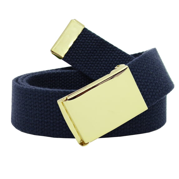 Men's Gold Military Flip Top Belt Buckle with Canvas Web Belt X-Large Navy