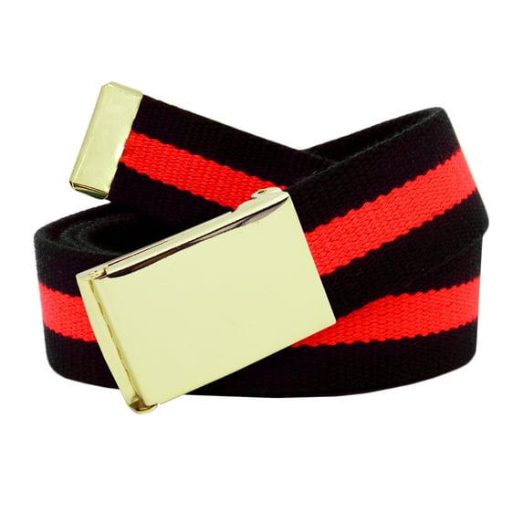Men's Gold Military Flip Top Belt Buckle with Canvas Web Belt XX-Large Black and Red Stripe
