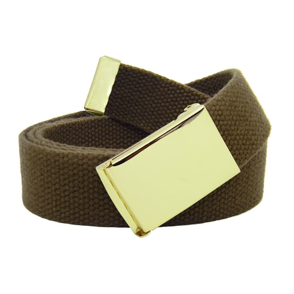 Men's Gold Military Flip Top Belt Buckle with Canvas Web Belt XXX-Large Brown