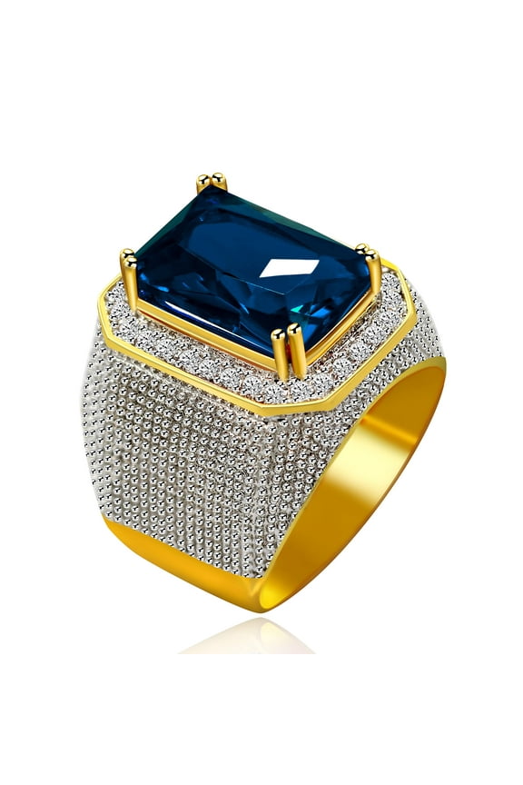 Men's Gold Plated Emerald Cut Simulated Sapphire Ring Wedding Band Super Big CZ Hip Hop Rings for Boys RA408 (Blue,Size 9)