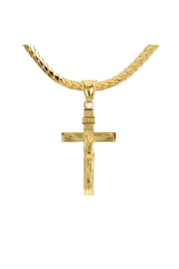 Men's Gold Plated Solid Jesus Cross Pendant 20" Miami Cuban Chain Necklace MCP 006 G1