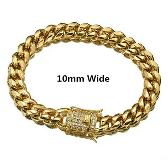 Men's Gold Plated Stainless Steel Curb Cuban Link Miami Chain CZ Bracelet