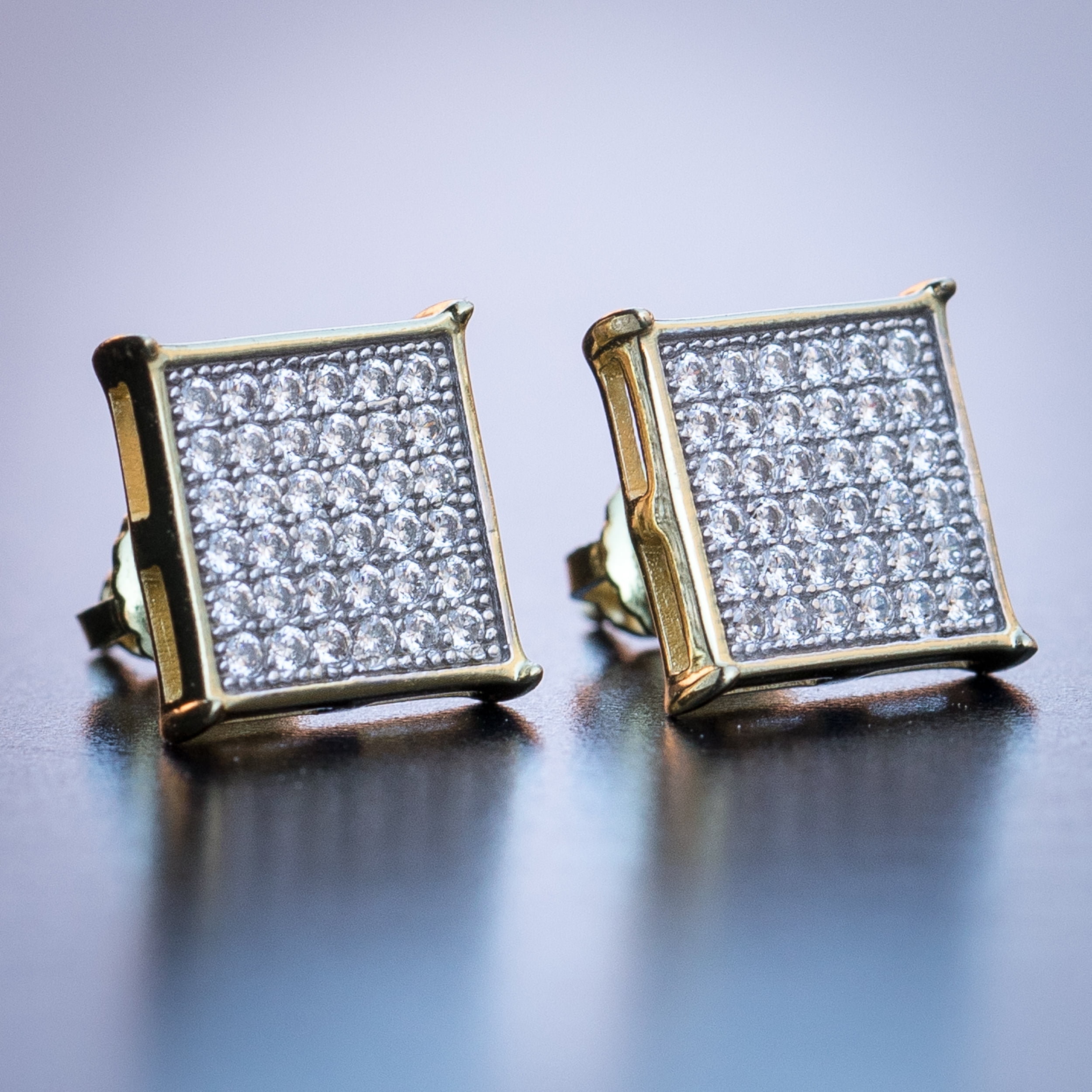 Men's Gold Sterling Silver Cz Micro Pave Flat Screen Square Hip Hop Screw Back Earrings