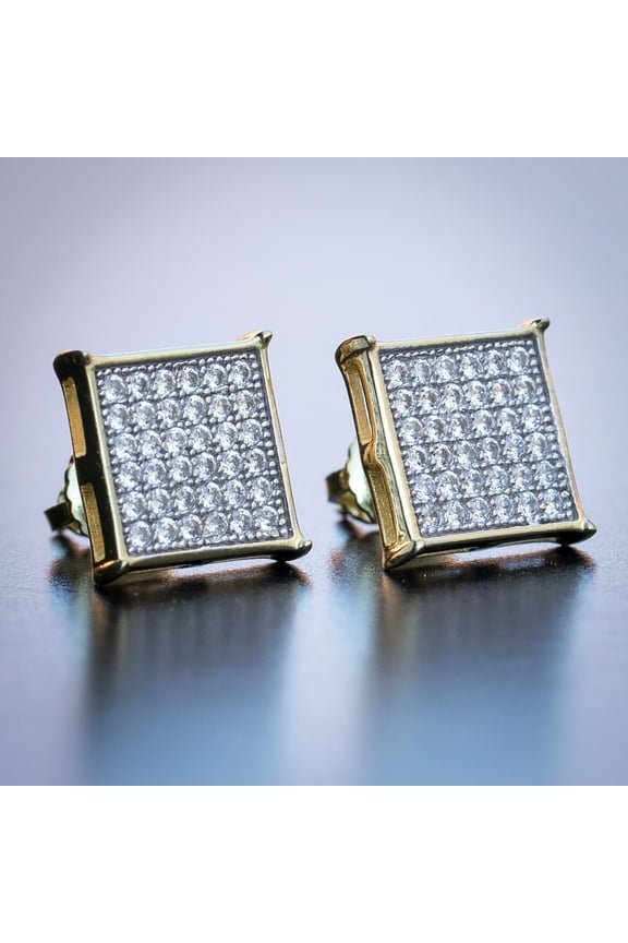 Men's Gold Sterling Silver Cz Micro Pave Flat Screen Square Hip Hop Screw Back Earrings