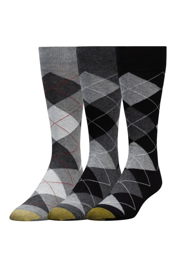 Men's Gold Toe 3179S Carlyle Argyle Crew Socks - 3 Pack (Black/Grey/Heather O/S)