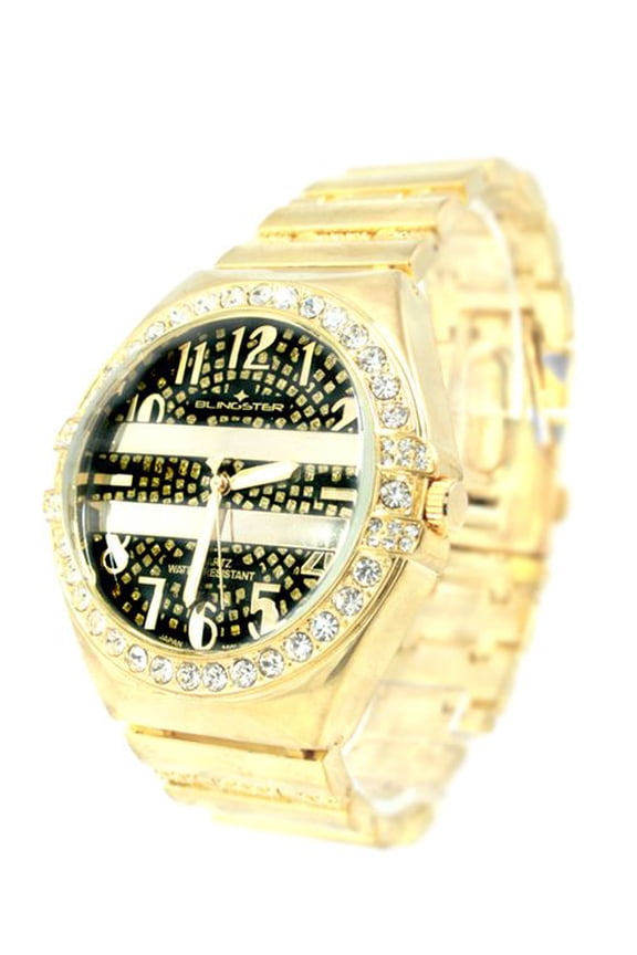Mens Gold Tone CZ Clubbing Watch 51mm Case, Black & Gold Bling Dial, Metal Link Bracelet