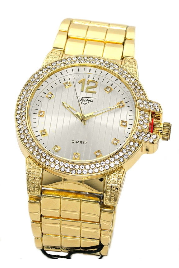 Mens Gold Tone CZ Iced-Out Clubbing Watch 44mm, 13mm thick Case, Gold Link Bracelet