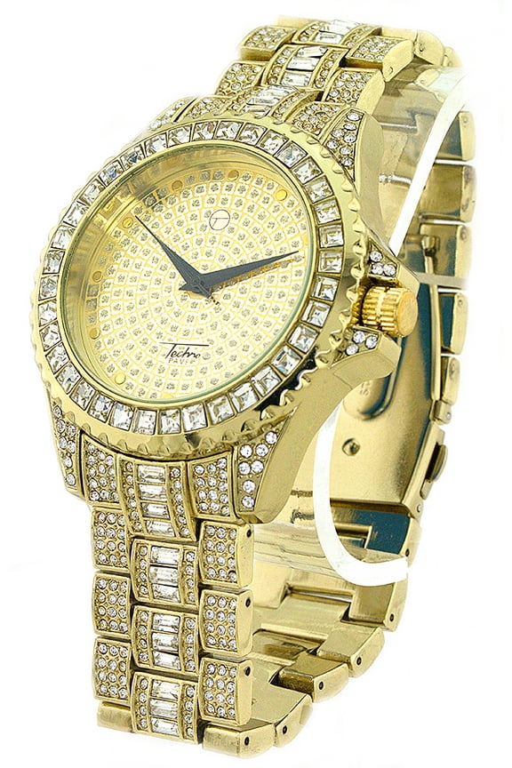 Mens Gold Tone CZ Iced-Out Clubbing Watch 46.5mm Case, Gold Bling Dial, CZ Bracelet