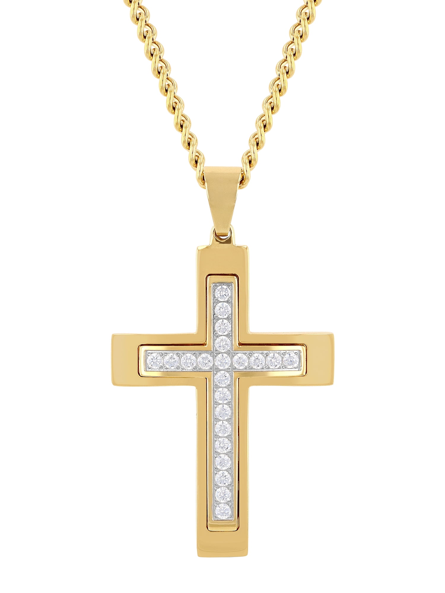 Free Shipping Men s Gold Tone Stainless Steel Cubic Zirconia Cross Pendant 24 Necklace Walmart