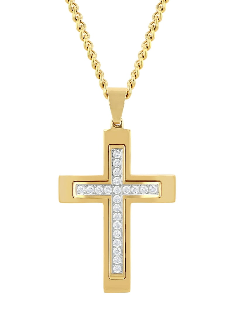 Men's Gold-Tone Stainless Steel Cubic Zirconia Cross Pendant 24