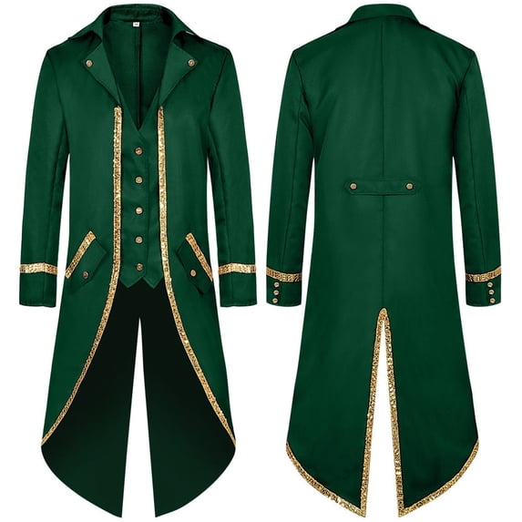 Men's Gold-Trim Tailcoat Jacket, Button Front Slim Fit Coat, Stage Performance Formal Wear