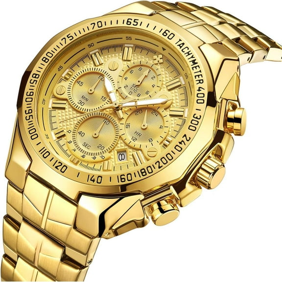 Men's Gold Watch Stainless Steel Waterproof Watches for Men Multifunctional Chronograph Analog Quartz Fashion Business Wristwatch Luminous with Date