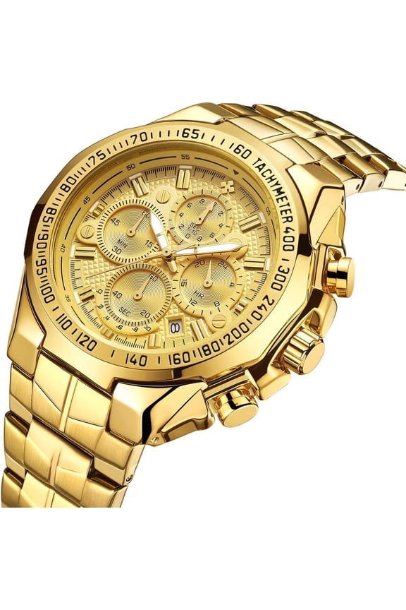 Men's Gold Watch Stainless Steel Waterproof Watches for Men Multifunctional Chronograph Analog Quartz Fashion Business Wristwatch Luminous with Date