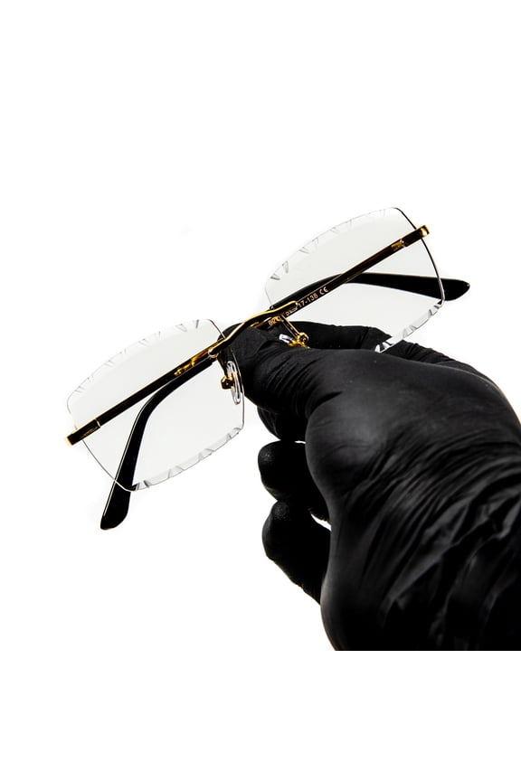 Men's Gold Wire Frame Rimless Luxury Gem Cut Clear Lens Glasses
