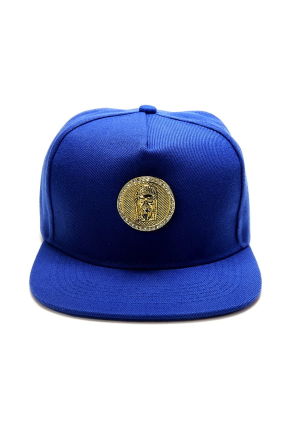 Men's Golden Jesus Hip Hop Flat Brimmed Hat Flat Brim hat Luxury Snapback Baseball Cap with Gold Medallion (US, Numeric, 7 3/8, Blue)