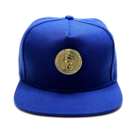 Men's Golden Jesus Hip Hop Flat Brimmed Hat Flat Brim hat Luxury Snapback Baseball Cap with Gold Medallion (US, Numeric, 7 3/8, Blue)