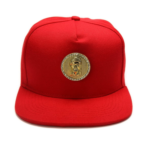 Men's Golden Jesus Hip Hop Flat Brimmed Hat Luxury Snapback Baseball Cap with Gold Medallion, Black Faux Croc Brim (US, Numeric, 7 3/8, red)