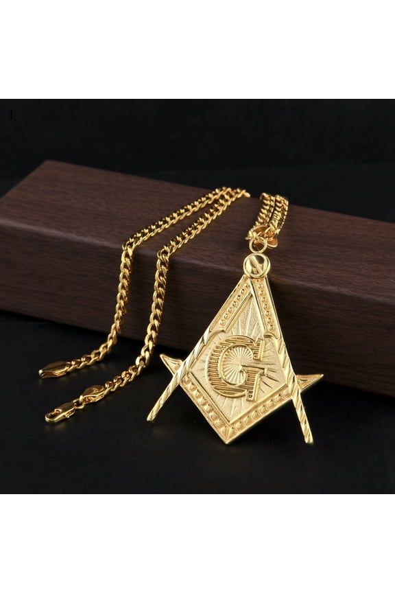 Men's Golden Masonic Symbol Pendant Necklace 14K Yellow Gold Fashion Punk Retro Freemason Pendant