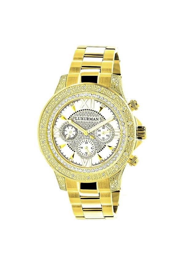 Men's Goldplated Stainless Steel Diamond Accent Quartz Watch Metal Band plus Extra Leather
