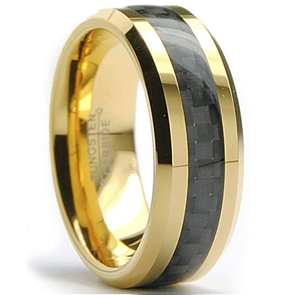Metal Masters Mens Goldtone Tungsten Ring Wedding Band Black Carbon Fiber 8mm