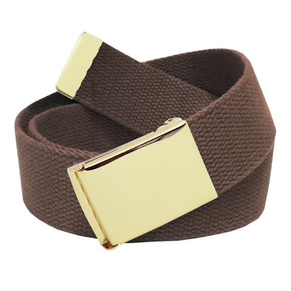 Men's Golf Belt in 1.5 Gold Brass Flip Top Buckle with Canvas Web Belt Large Brown