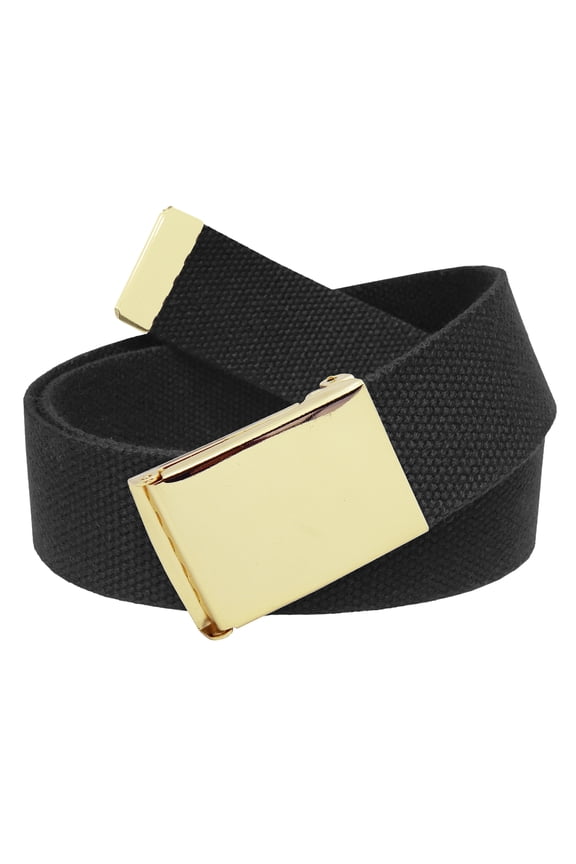 Men's Golf Belt in 1.5 Gold Brass Flip Top Buckle with Canvas Web Belt Small Black
