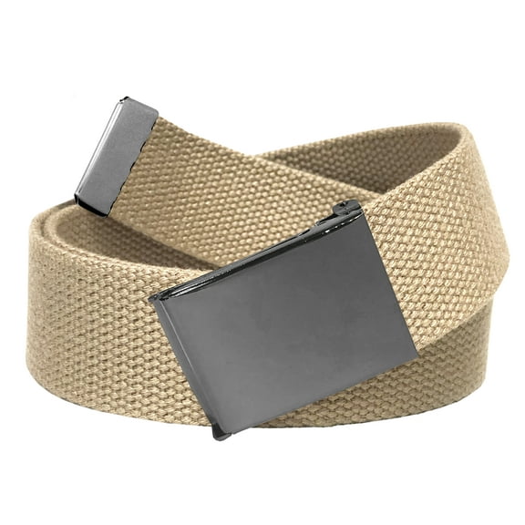 Men's Golf Belt in 1.5 Polished Pewter Flip Top Buckle with Canvas Web Belt Large Khaki