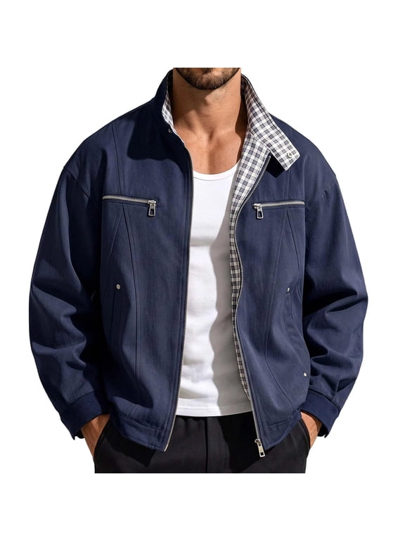 Men's Golf Bomber Jacket Full Zip Loose Fit Mens Bomber Jacket Casual Golf Windbreaker Plaid Lined Stand Collar Jacket with Pockets
