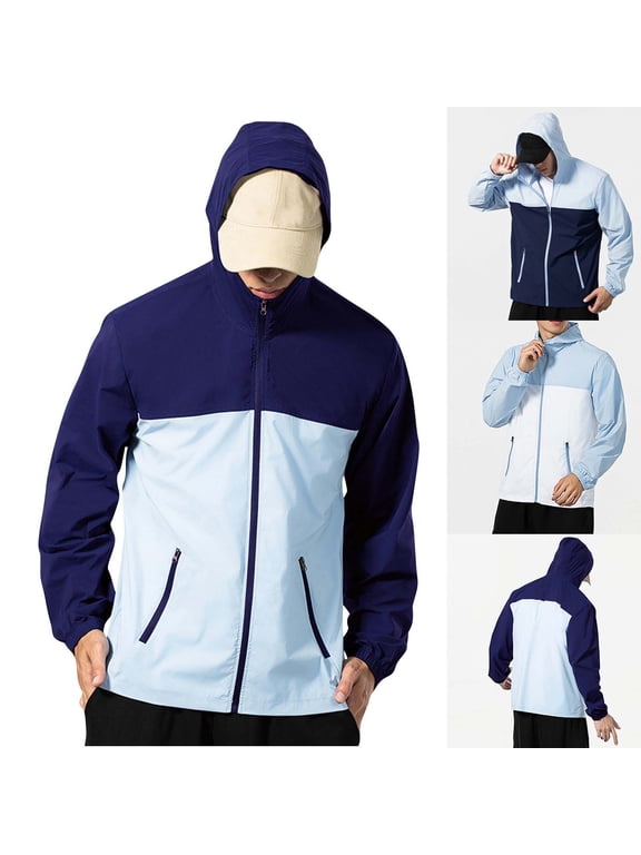 Men's Golf Jacket Lightweight Hooded Jackets Color Block Casual Zip Up Coat for Outdoor Hiking Traval