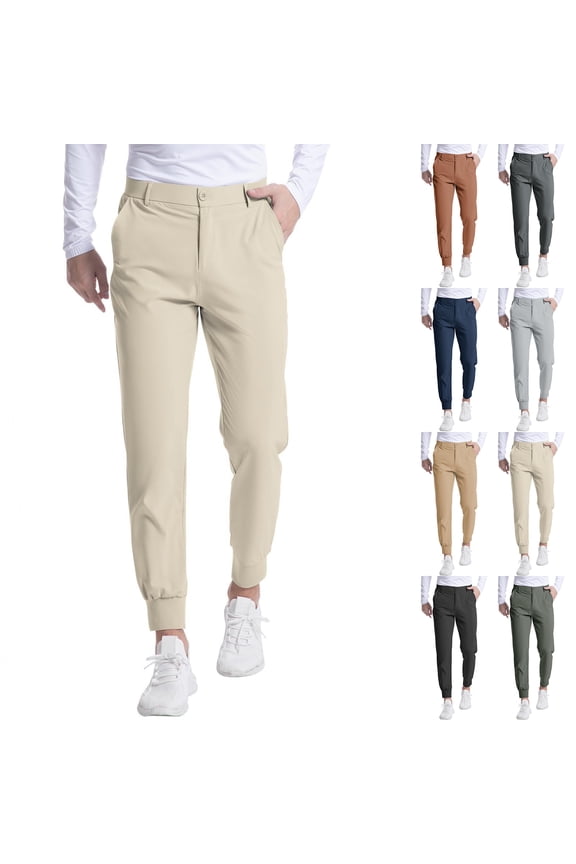 Men's Golf Joggers with Tapered Cuff and Button Closure Featuring 4-Way Stretch Fabric for Outdoor Sports Driving Range Practice Country Club Outings or Weekend Leisure Khaki L