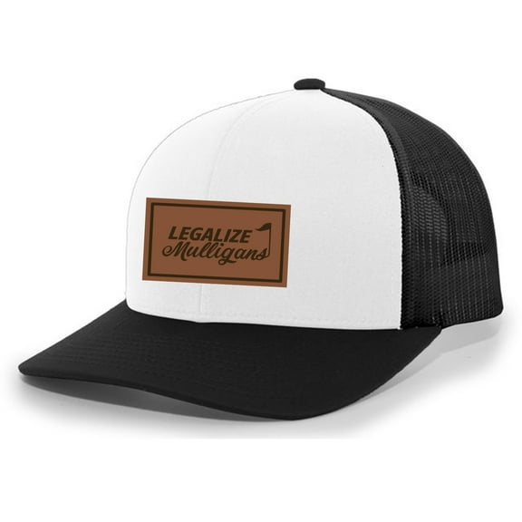 Men's Golf Legalize Mulligans Golfing Lucky Engraved Leather Patch Mesh Back Trucker Hat, Black/White/Black