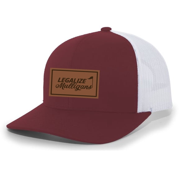 Men's Golf Legalize Mulligans Golfing Lucky Engraved Leather Patch Mesh Back Trucker Hat, Cardinal/White