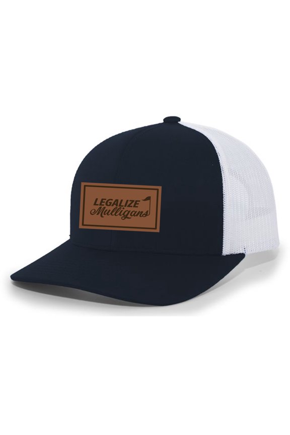 Men's Golf Legalize Mulligans Golfing Lucky Engraved Leather Patch Mesh Back Trucker Hat, Navy/White