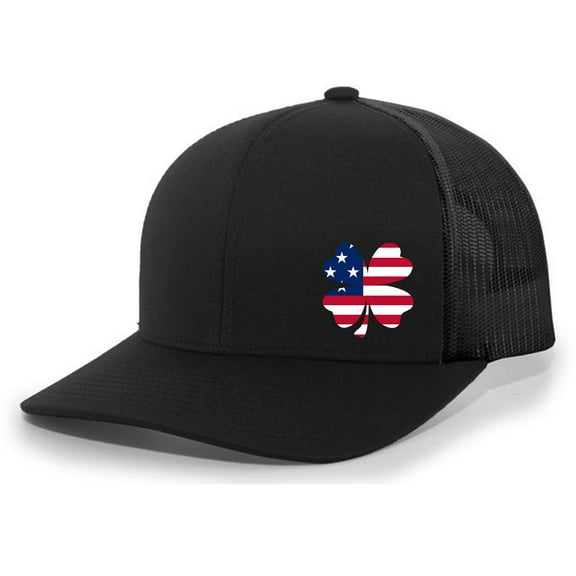 Men's Golf Lucky American Flag Clover Embroidered Mesh Back Trucker Hat, Black/Black