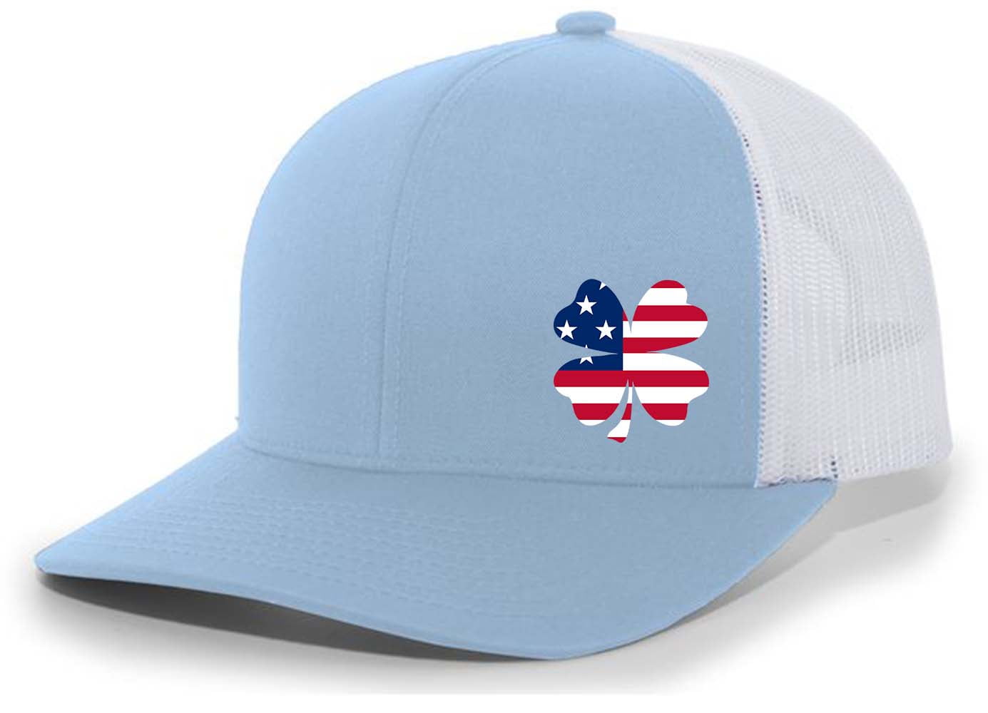 Men's Golf Lucky American Flag Clover Embroidered Mesh Back Trucker Hat,  Columbia Blue/White 