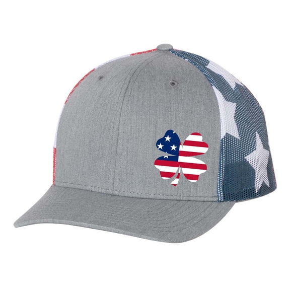 Men's Golf Lucky American Flag Clover Embroidered Mesh Back Trucker Hat, Heather Grey/American Flag Mesh