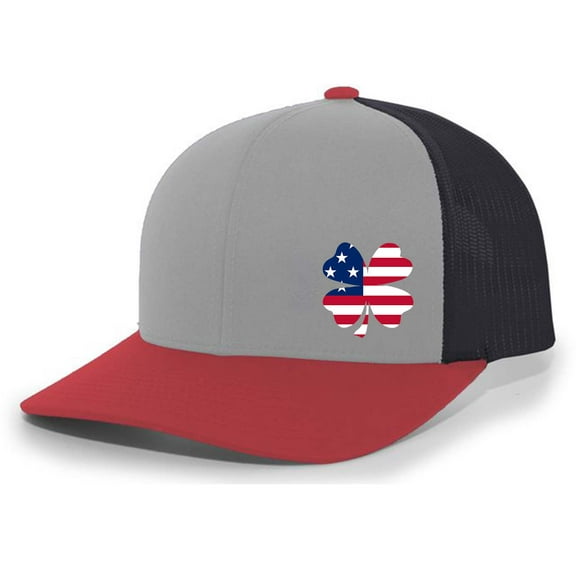 Men's Golf Lucky American Flag Clover Embroidered Mesh Back Trucker Hat, Heather Grey/Red/Charcoal