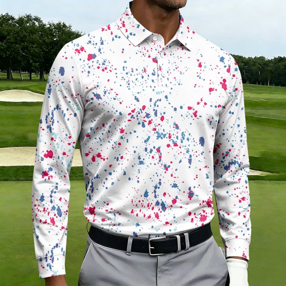 Men's Golf Polo Shirt Paint Splatter Print Short Sleeve Moisture Wicking Tee Casual Slim Fit Performance Sports Top, L