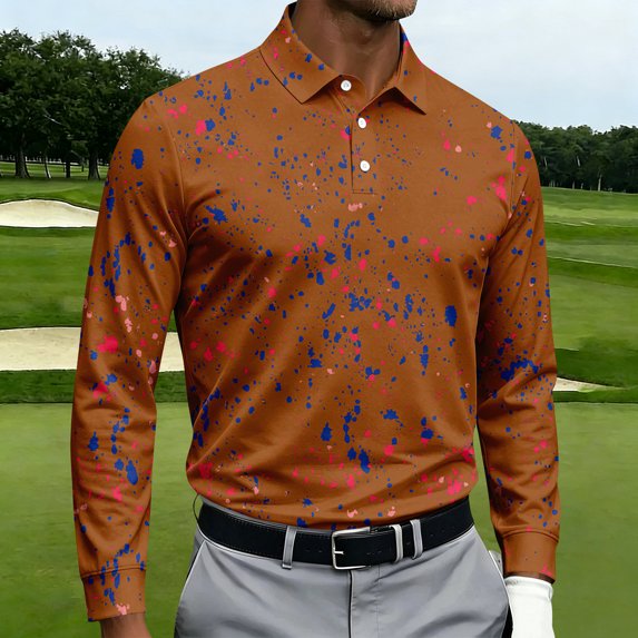 Men's Golf Polo Shirt Paint Splatter Print Short Sleeve Moisture Wicking Tee Casual Slim Fit Performance Sports Top, S