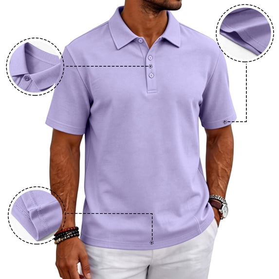 Men's Golf Polo Shirts Contrast Collared Short Sleeve Shirts Button Solid Color Polo Sweater Work Fashion Casual Classic Tee Shirt,Purple L