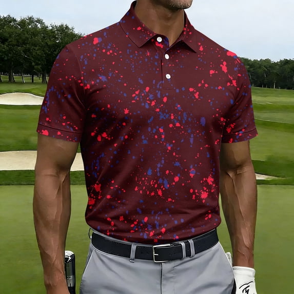 Men's Golf Polo Shirts Paint Splatter Print Short Sleeve Moisture Wicking Tees Summer Casual Performance Sports T Shirts, XL