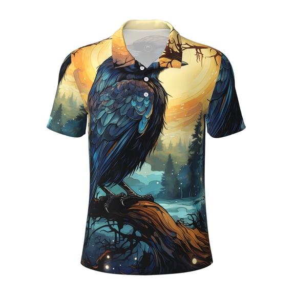 Men's Golf Shirts Short Sleeve Moisture Wicking Casual Collared Polo Shirt, Raven Moonlight Starry Art