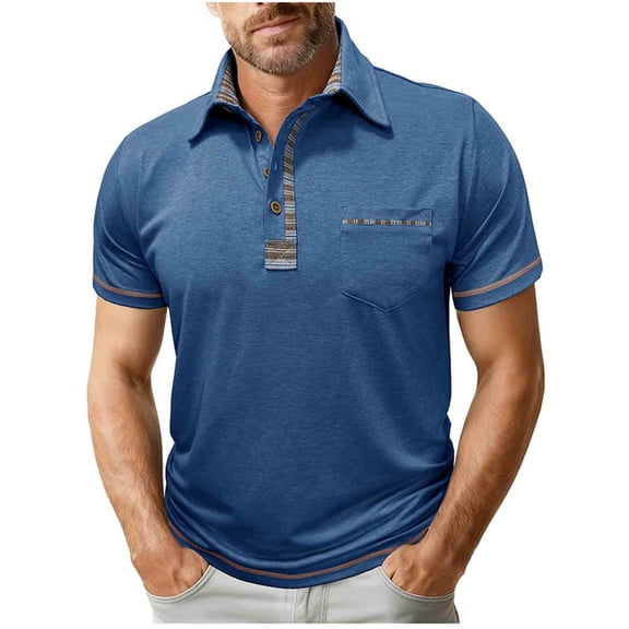 Men's Golf Tops Plaid Patchwork Lapel Collared Business Casual Shirts Short Sleeve Button Pullover T-shirts (XL, Blue A)