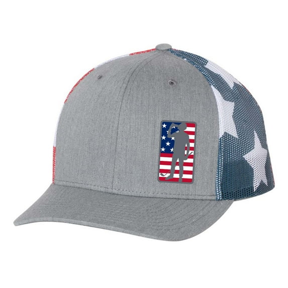 Men's Golfer Drinking Beer Can American Flag Golf Mesh Back Trucker Hat, Heather Grey/American Flag Mesh
