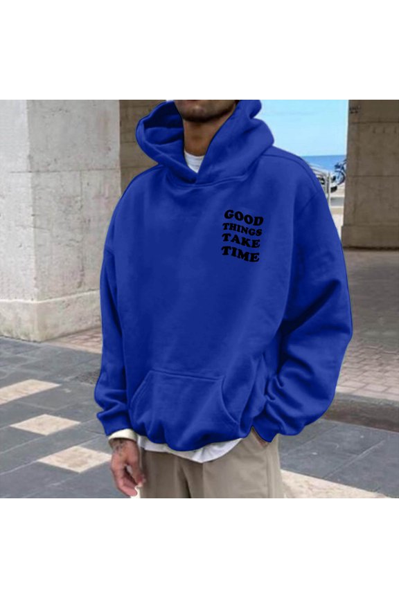 Men's "Good Things Take Time" Hoodie – Long Sleeve Casual Pullover with Front and Back Print – Oversized Sports Sweatshirt for Autumn and Winter – Size S-XXXL