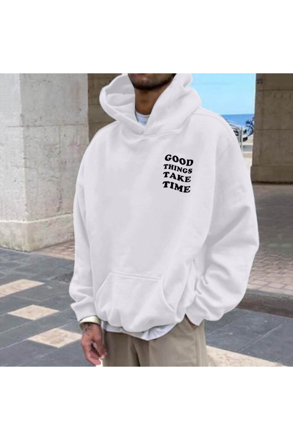 Men's "Good Things Take Time" Hoodie – Long Sleeve Casual Pullover with Front and Back Print – Oversized Sports Sweatshirt for Autumn and Winter – Size S-XXXL