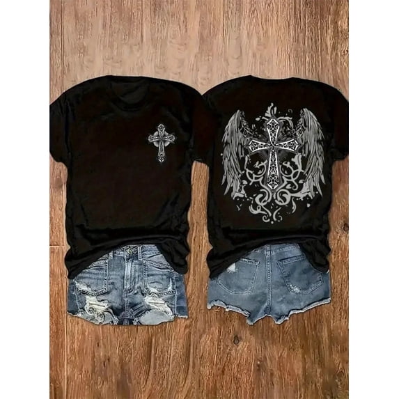 Men's Gothic Angel Wing Cross Graphic T-Shirt